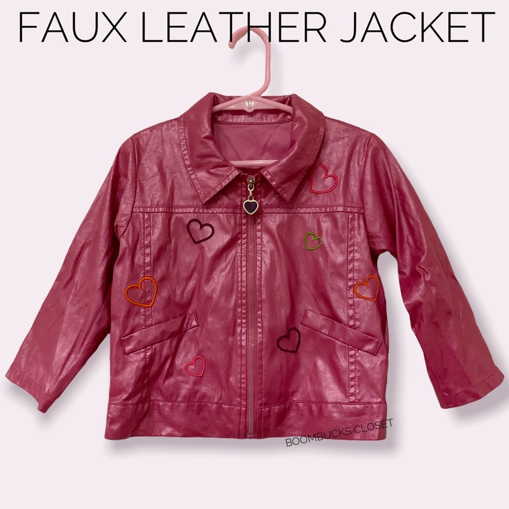 3T Girls Pink Faux Leather Jacket with Embroidered hearts and Heart zipper pull